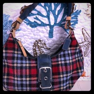 Coach plaid fabric and leather hobo bag